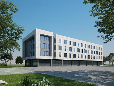 Modern Office Building Exterior Design With Glass Windows And Surrounding Trees Lawn 3d model