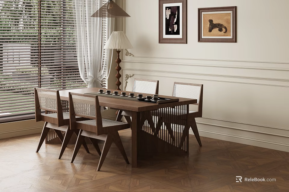 Modern Restaurant Interior With Wooden Dining Table Chairs Wall Paintings Floor Lamp And Herringbone Floor 3d model 