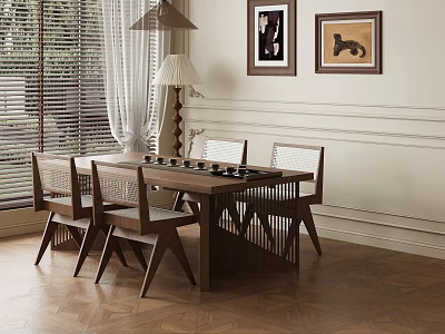 Modern Restaurant Interior With Wooden Dining Table Chairs Wall Paintings Floor Lamp And Herringbone Floor 3d model