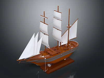 Detailed Wooden Sailboat Model Featuring White Sails and Brown Base Stand 3d model
