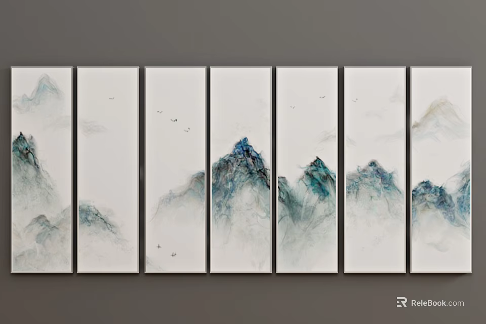 Multi Panel Ink Wash Mountain Landscape With Misty Peaks and Flying Birds 3d model 
