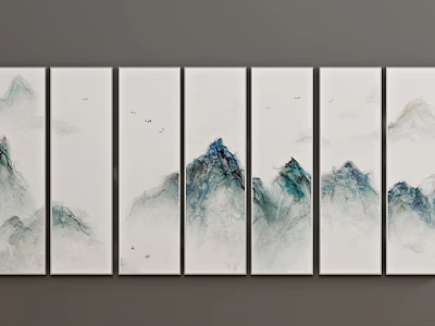 Multi Panel Ink Wash Mountain Landscape With Misty Peaks and Flying Birds 3d model