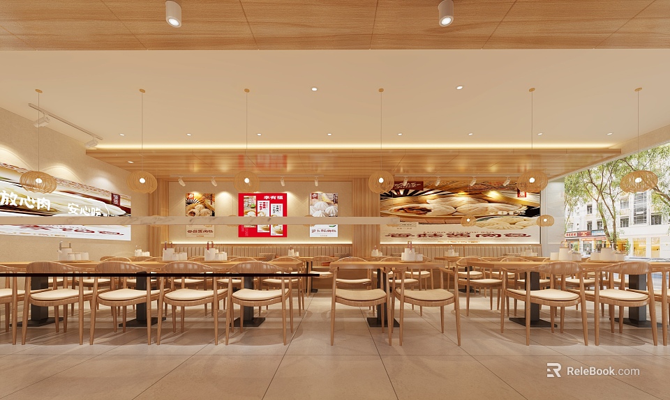 Bright Modern Restaurant Interior With Wooden Tables Chairs Pendant Lights And Wall Decor 3d model 