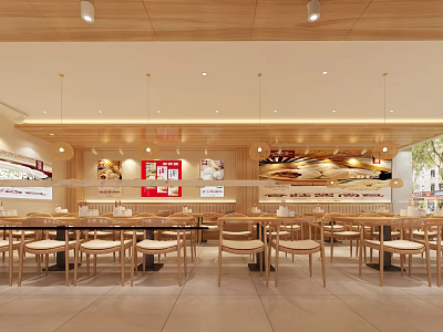 Bright Modern Restaurant Interior With Wooden Tables Chairs Pendant Lights And Wall Decor 3d model