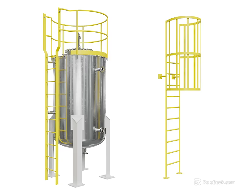 Industrial Stainless Steel Storage Tank Equipment with Yellow Guardrails and Safety Ladders 3d model 