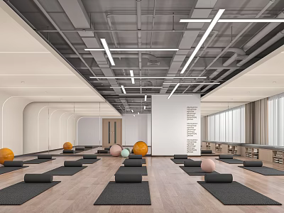 Spacious Yoga Studio Interior With Mats And Exercise Balls 3d model