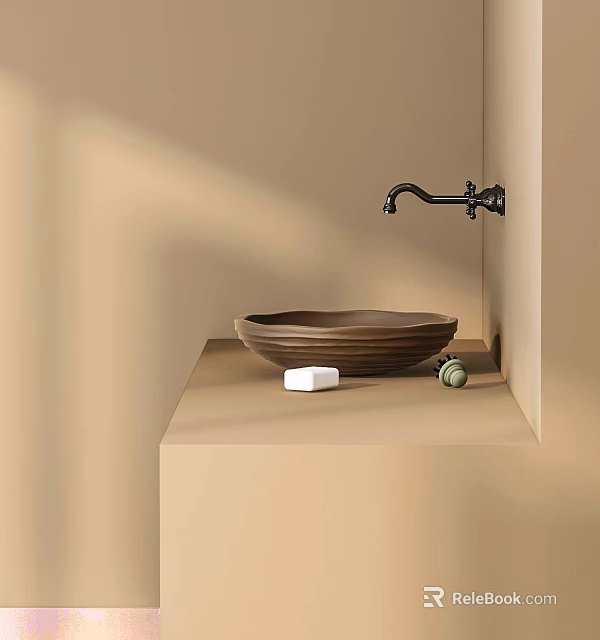 Modern Bathroom Washbasin With Brown Bowl Shaped Basin Black Faucet And Soap 3d model 