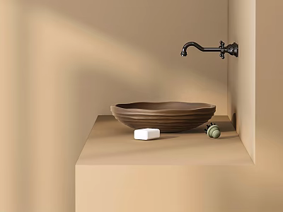 Modern Bathroom Washbasin With Brown Bowl Shaped Basin Black Faucet And Soap 3d model