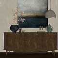 Wooden Console Sideboard Cabinet With Decorative Vase Lamp And Abstract Painting On Neutral Wall 3d model