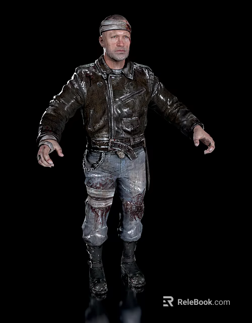 Man in Grungy Leather Jacket and Bloodstained Jeans with Dirty Stains 3d model 