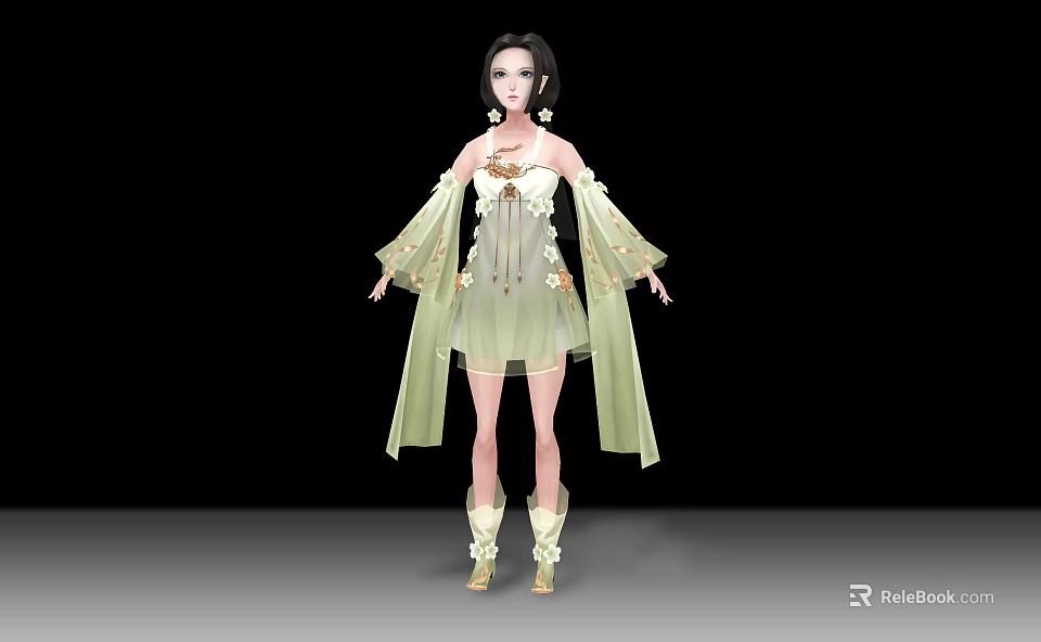 Game Movie Character Wearing Light Green Off Shoulder Outfit Long Sleeves Short Skirt Matching Boots 3d model 