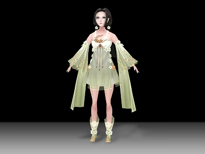 Game Movie Character Wearing Light Green Off Shoulder Outfit Long Sleeves Short Skirt Matching Boots 3d model