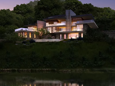 Modern Detached Villa With Lakeside View And Green Trees Scenic Night Lighting 3d model