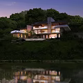 Modern Detached Villa With Lakeside View And Green Trees Scenic Night Lighting