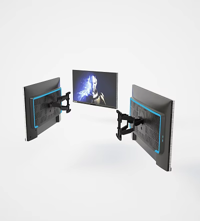 Three Computer Monitors Setup With Black Mounts Blue Accents And Lightning Character 3d model