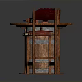 Cozy Interior Barrel-Shaped Round Table With Two Wooden Padded Chairs And Wine Bottle