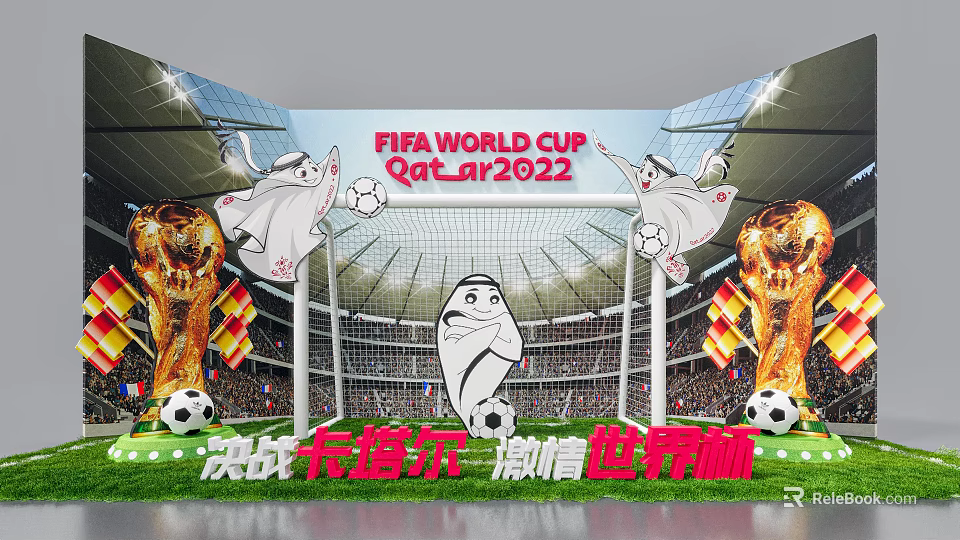 FIFA World Cup Qatar 2022 Stadium Scene With Mascot Trophy Flags And Soccer Balls 3d model 