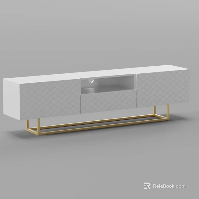 Modern White TV Stand With Diamond Pattern Doors And Gold Metal Legs 3d model 