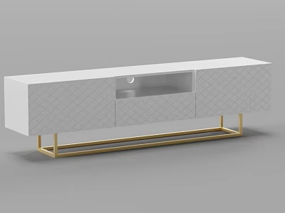Modern White TV Stand With Diamond Pattern Doors And Gold Metal Legs 3d model