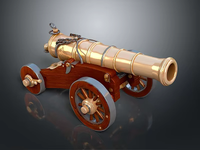 Antique Brass Cannon with Wooden Carriage Vintage Wheels and Decorative Chains Historical Weapon Design 3d model