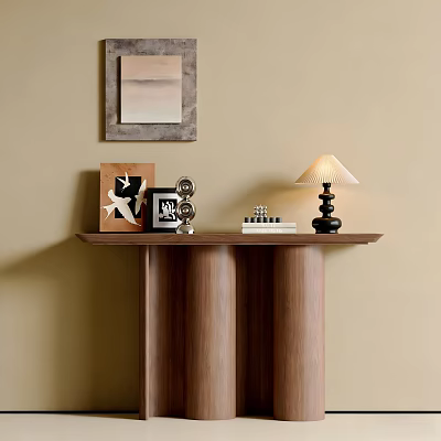Stylish Wooden Entryway Cabinet Sideboard With Table Lamp Photo Frames And Wall Artwork 3d model