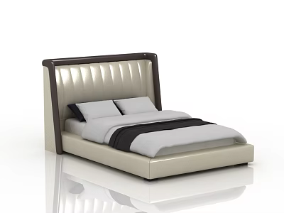 Modern Double Bed With Tufted Leather Headboard And White Black Bedding 3d model