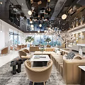 Modern Lounge Area Interior with Sofas Armchairs Coffee Tables Pendant Lights and Potted Plants