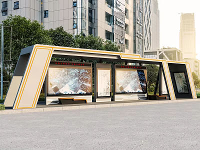 Modern Roadside Bus Shelter Featuring Yellow Frame Large Digital Screens Benches And Tall Buildings 3d model