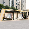 Modern Roadside Bus Shelter Featuring Yellow Frame Large Digital Screens Benches And Tall Buildings