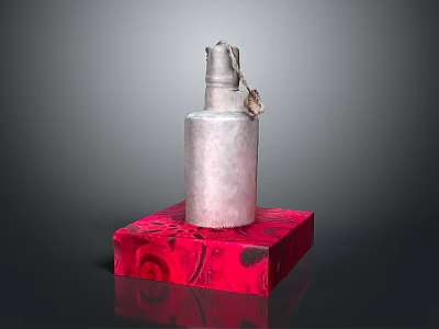Daily Household Silver Metal Bottle With Handle On Red Patterned Stand 3d model