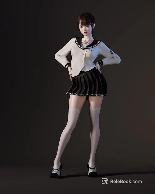 Woman Wearing Sailor Style Top Pleated Skirt And White Thigh High Socks 3d model 
