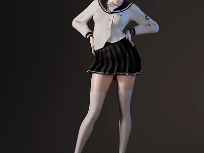 Woman Wearing Sailor Style Top Pleated Skirt And White Thigh High Socks 3d model