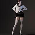 Woman Wearing Sailor Style Top Pleated Skirt And White Thigh High Socks