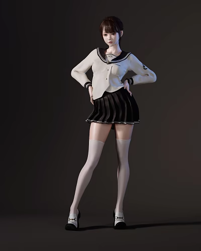 Woman Wearing Sailor Style Top Pleated Skirt And White Thigh High Socks 3d model