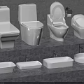 Various Modern Design Toilets With Matching White Washbasins In Bathroom Setting 3d model