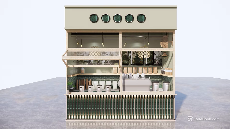 Modern Store Front Desk Interior Design With Shelves Plants And Lighting 3d model 