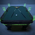 Pool Table With Green Felt Surface Neon Edge Markers Cues And Balls In Indoor Space