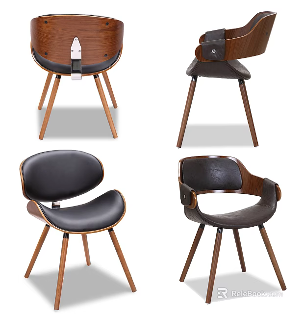 Modern Leisure Chairs With Black Leather Seats Wooden Legs And Armrests Design 3d model 