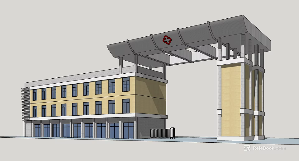 Hospital Entrance Gate With Red Cross Canopy Yellow Building Windows And Supporting Columns 3d model 