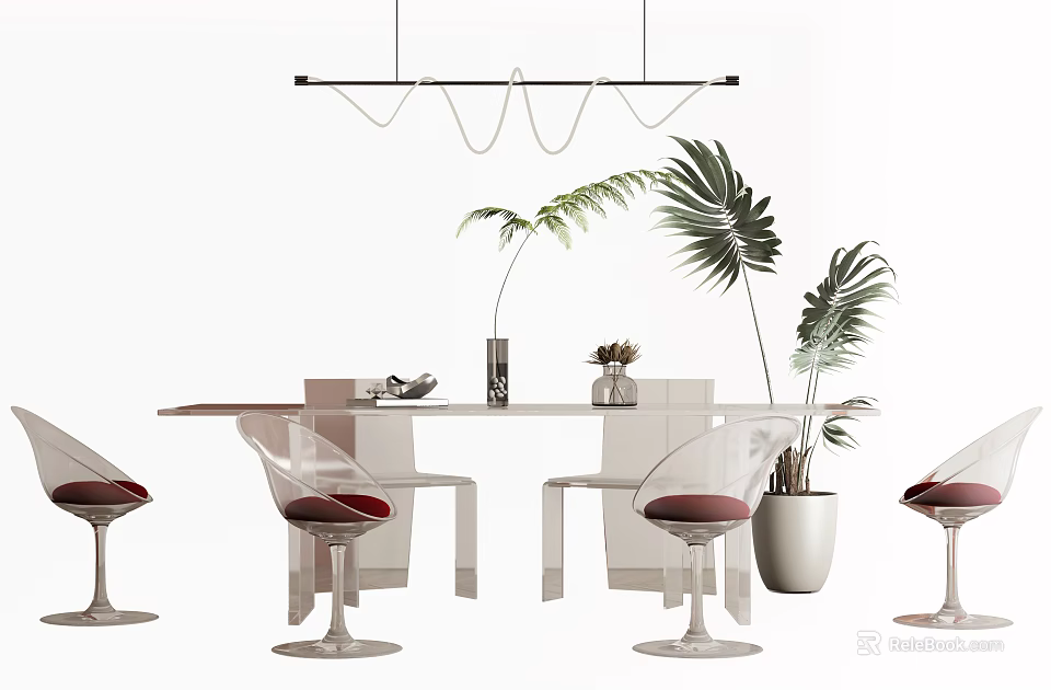 Transparent Dining Table Set With Modern Design Red Cushion Chairs Palm Plants And Hanging Lamp 3d model 