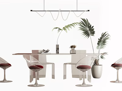 Transparent Dining Table Set With Modern Design Red Cushion Chairs Palm Plants And Hanging Lamp 3d model