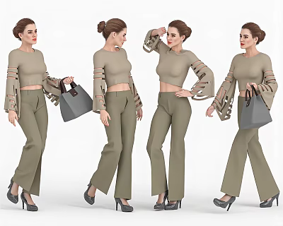 3D Female Sculpture Carving With Multiple Poses Stylish Outfit And Handbag Design 3d model
