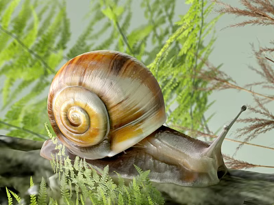 Hanging Basket Plants With Snail On Branch And Green Fern Foliage 3d model