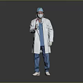 Man Wearing Blue Surgical Cap Scrubs White Coat as Medical Professional with Stethoscope