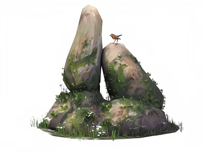 Rockery Stones Covered in Moss with Green Grass and a Small Bird Perching 3d model