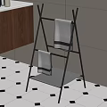 Black Metal Towel Rack With Gray Striped Towels And Shelf In Bathroom