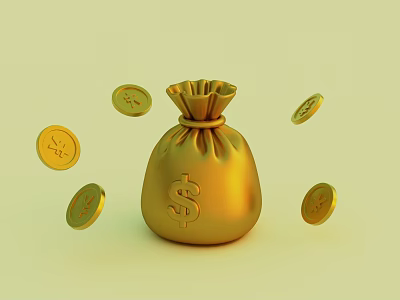 Golden Money Bag With Dollar Sign And Scattered Gold Coins Decorative Ornament Set 3d model