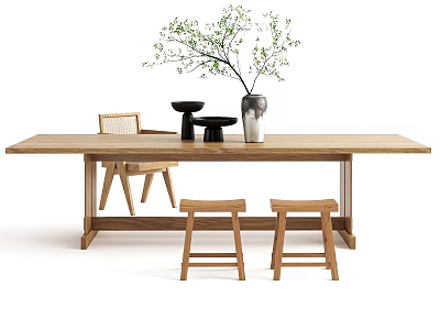 Simple Wooden Dining Table With Chair Stools Green Plant Vase and Black Bowl 3d model