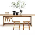 Simple Wooden Dining Table With Chair Stools Green Plant Vase and Black Bowl