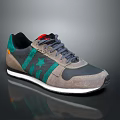 Fashionable Casual Sneakers Featuring Green Stripes Gray Upper Red Accents And White Sole
